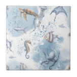 Whimsical Underwater World – Sea Creatures Pattern Kakelplatta<br><div class="desc">Take a trip under the sea with this fun and colorful marine life pattern! Featuring hand-painted sea turtles, jellyfish, seahorses, octopuses, and tropical fish, this design has a soft watercolor look with playful splashes of black ink for a unique touch. The gentle blue background gives it a calm and dreamy...</div>