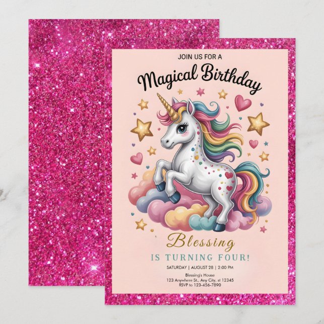 Whimsical Unicorn 4th Birthday Inbjudningar (Fram/baksida)