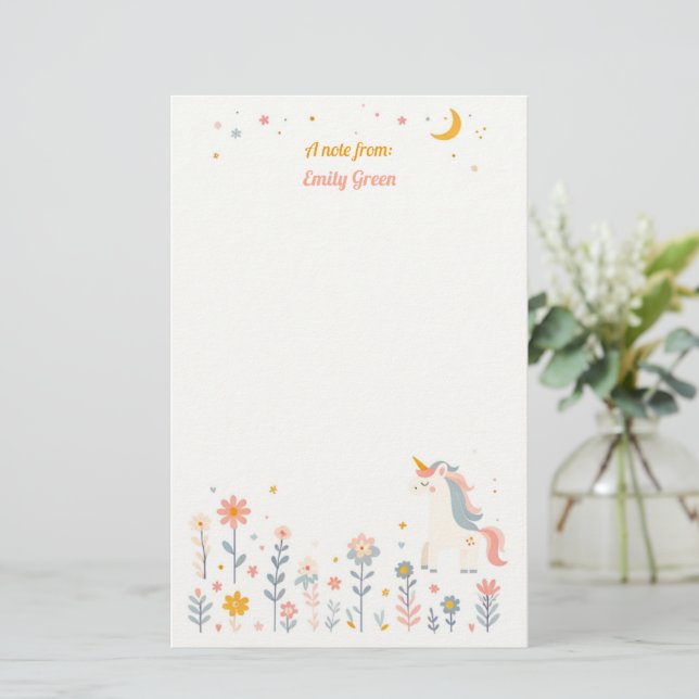 Whimsical Unicorn Night Garden Stationery Brevpapper (Stående Fram)