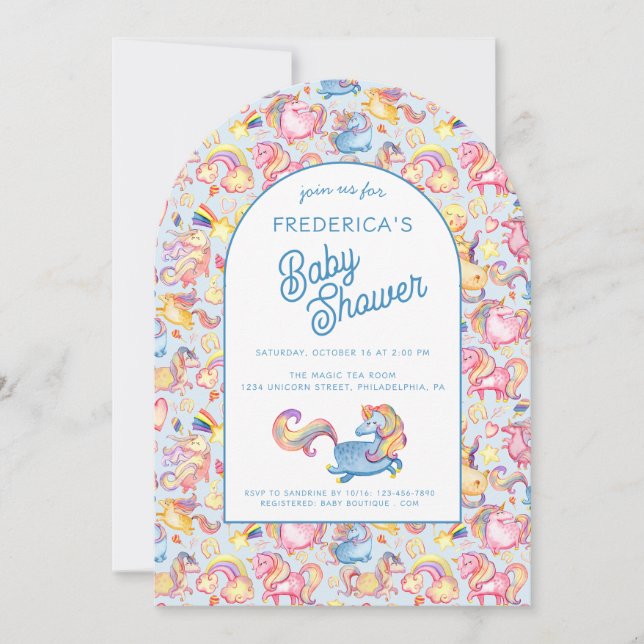 Whimsical Unicorns Boy Baby Shower Invitation Inbjudningar (Framsida)
