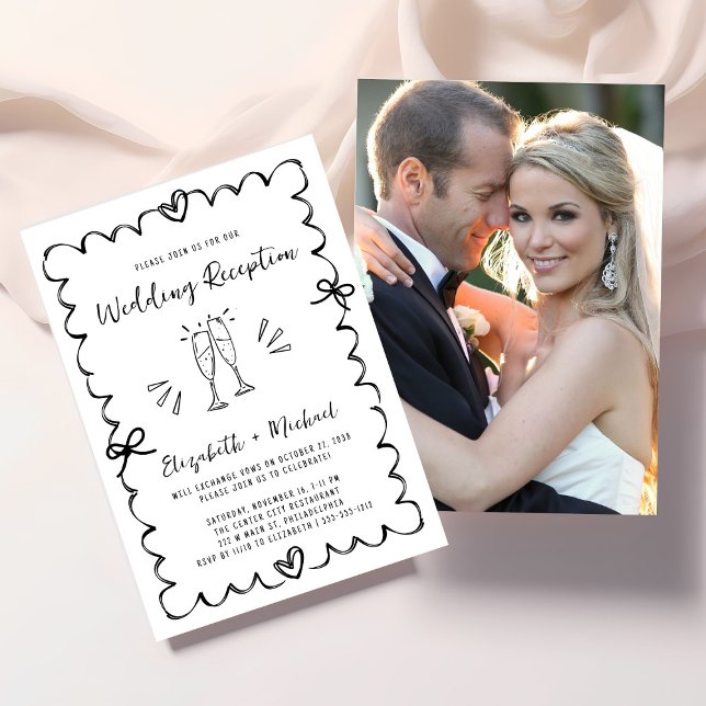 Whimsical Vågig Ram Bröllopsmottagning Inbjudningar (Whimsical Wavy Frame Photo Wedding Reception Invitation)