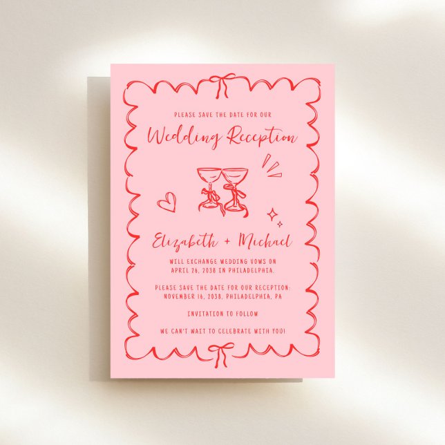 Whimsical Vågig Ram Bröllopsmottagning Spara Datumet (Fun wedding reception save the date featuring whimsical hand drawn wine glasses with hearts + bows)