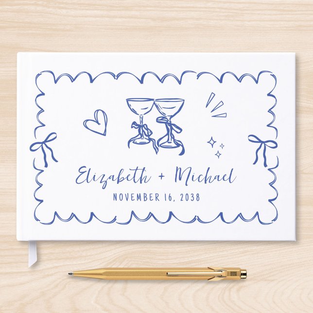 Whimsical Vågig Ram Handritad Blå Bröllop Gästböcker (Skapare uppladdad)