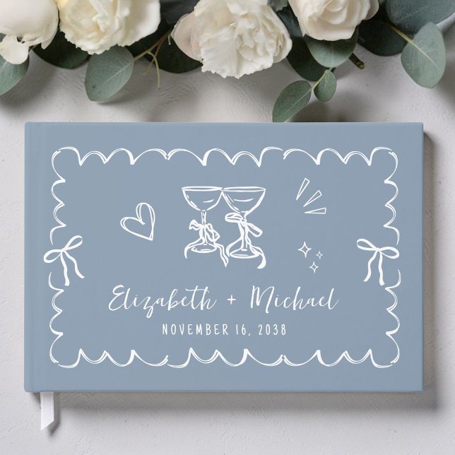 Whimsical Vågig Ram Handritad Dammig Blå Bröllop Gästböcker (Whimsical Wavy Frame Hand Drawn Sage Green Wedding Guest Book)