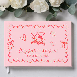 Whimsical Vågig Ram Handritad Rosa Röd Bröllop Gästböcker