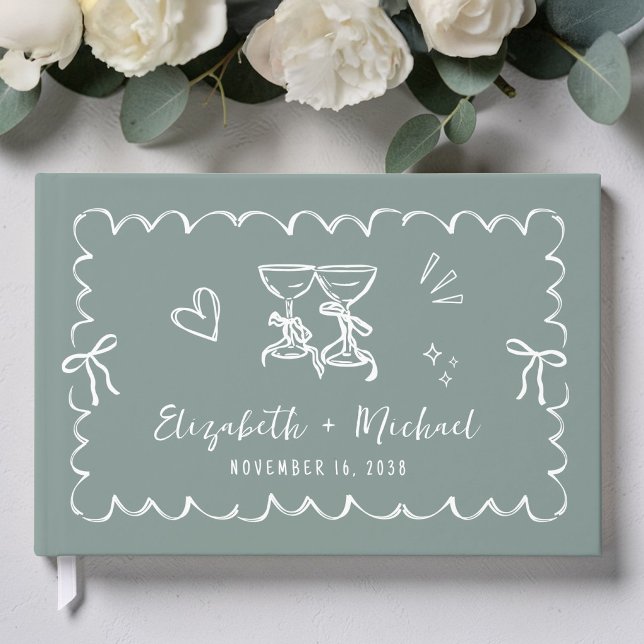 Whimsical Vågig Ram Handritad Sagegrön Bröllop Gästböcker (Whimsical Wavy Frame Hand Drawn Sage Green Wedding Guest Book)
