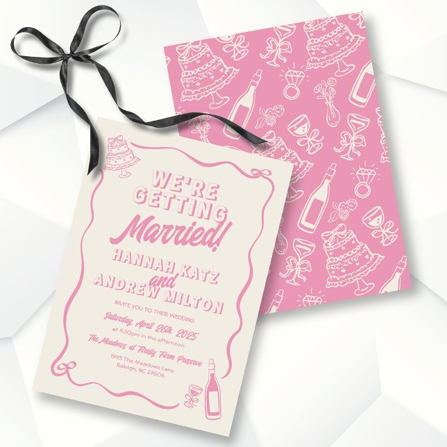 Whimsical vågig ram med bow rosa bröllop inbjudningar (Skapare uppladdad)