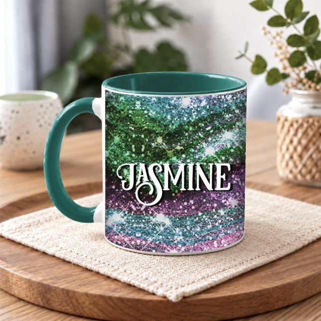 Whimsical vågig rosa grön Glittermonogram Mugg (Skapare uppladdad)
