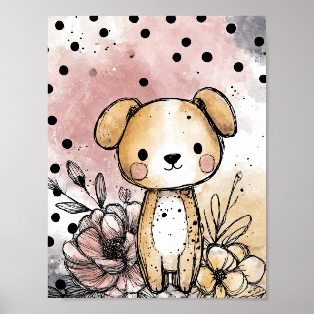 Whimsical Valp Blommig Akvarellkonst (1) Poster (Framsidan)