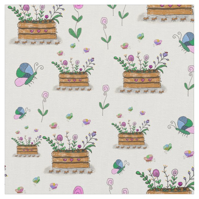 Whimsical Vår Basket of Flowers Fabric Tyg (Närbild)