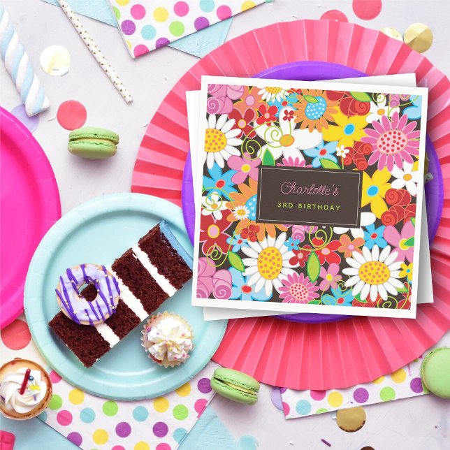 Whimsical Vår blommor Garden Födelsedagsfest Pappersservett (Colorful Whimsical Spring Flowers Garden Girl's Birthday Party Paper Napkins @ fat_fa_tin)
