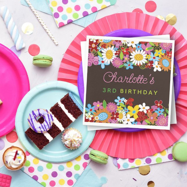 Whimsical Vår blommor Garden Födelsedagsfest Pappersservett (Whimsical Colorful Spring Flowers Garden Girl's Birthday Party Paper Napkins @ fat_fa_tin)