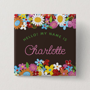 Whimsical Vår blommor Garden Girl Birthday Knapp