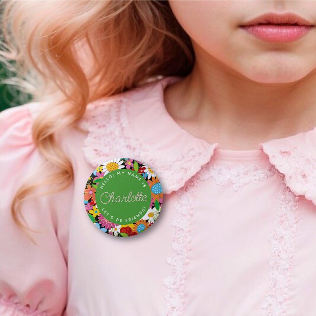 Whimsical Vår blommor Garden Girl Birthday Knapp (KID'S NAME Whimsical Spring Flowers Garden Girl's Birthday Party Name Tag / Pin Button @ fat_fa_tin)