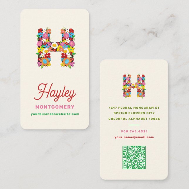 Whimsical Vårblomma H Monogram Namn Kreativ Visitkort (Fram/baksida)