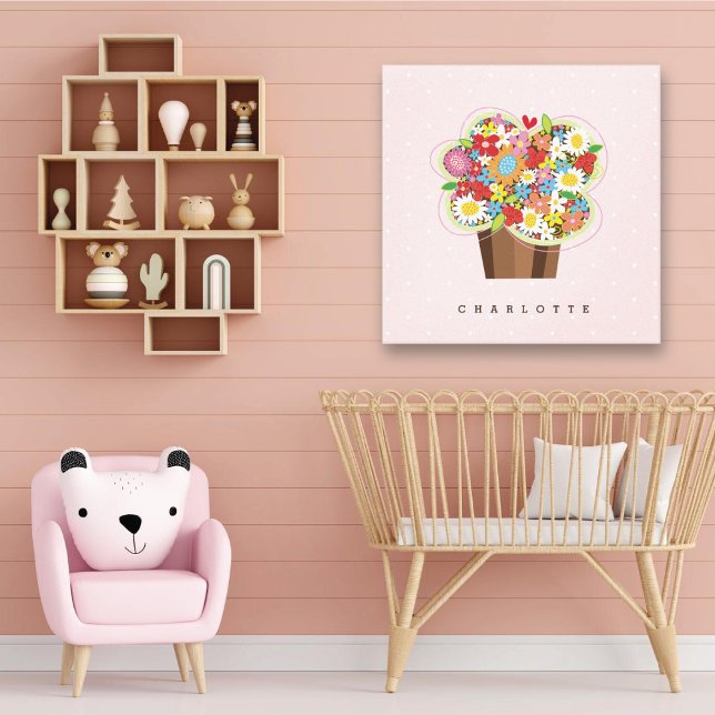 Whimsical Vårblommor Söt Cupcake Barnkammarens Kon Canvastryck (Whimsical Colorful Spring Flowers Sweet Cupcake Baby Girl's Nursery Art Canvas Print @ fat_fa_tin)