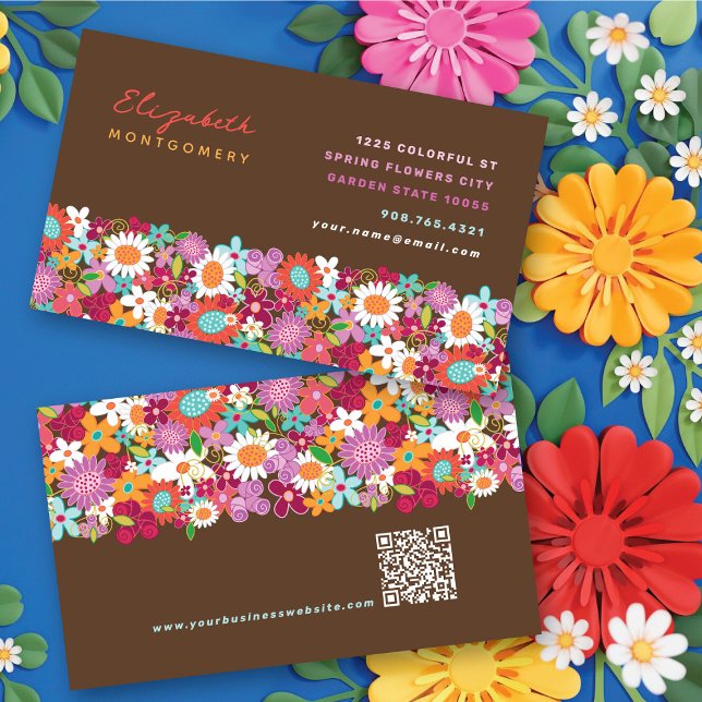 Whimsical Vårblommor Trädgårds visitkort (Bright & Colorful Chic Fun Whimsical Spring Flowers Garden Business / Profile Card @ fat_fa_tin)