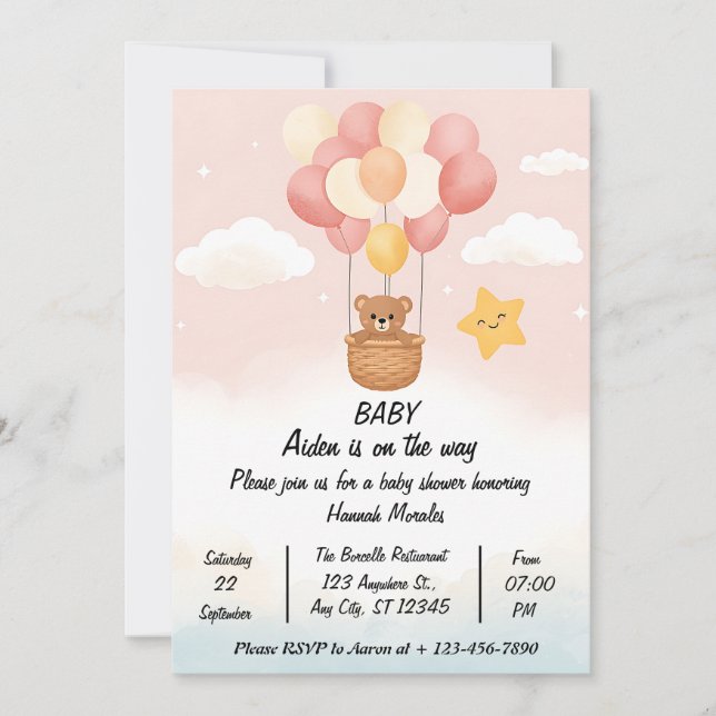 Whimsical varmluftsballong baby shower inbjudan | (Framsida)