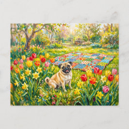 Whimsical Vårträdgård Mops Hund Illustration Helg Vykort