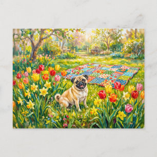 Whimsical Vårträdgård Mops Hund Illustration Helg Vykort