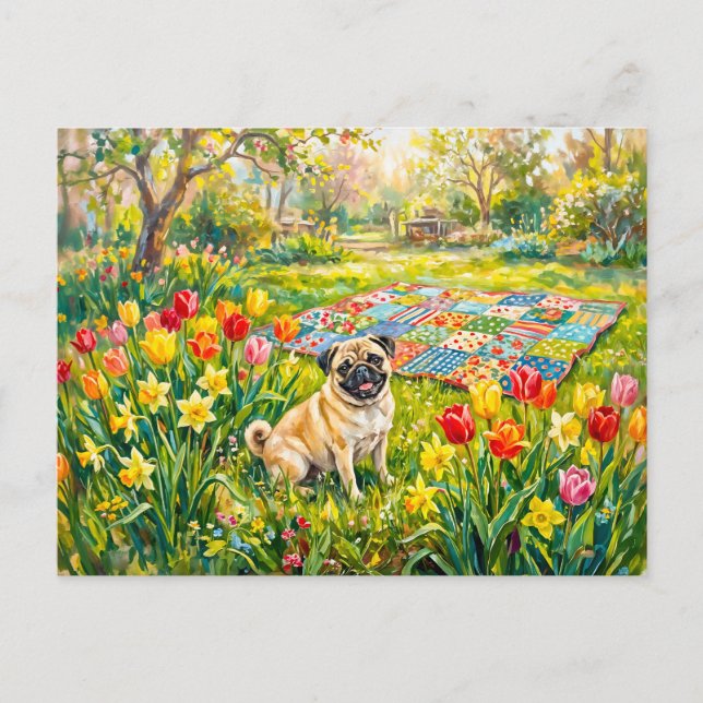 Whimsical Vårträdgård Mops Hund Illustration Helg Vykort (Framsida)