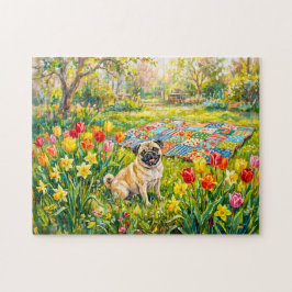 Whimsical Vårträdgård Mops Hund Illustration Pussel