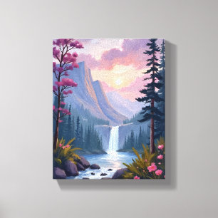 Whimsical Vattenfall Magisk Blommig Landskap Canvastryck
