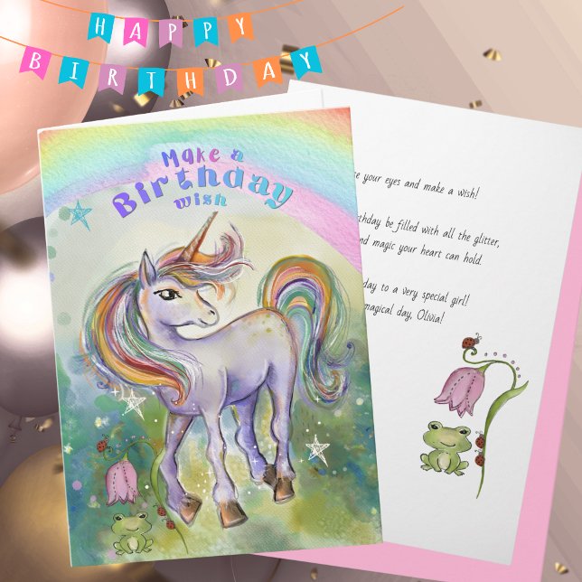 Whimsical Vattenfärg Enhörning Mån Flicka Födelsed Helgkort (Whimsical Watercolor Unicorn Moon Girls Birthday Holiday Card)
