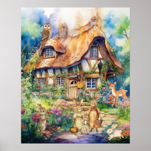 Whimsical Vattenfärg Fantasi Stug Djur Barn Poster