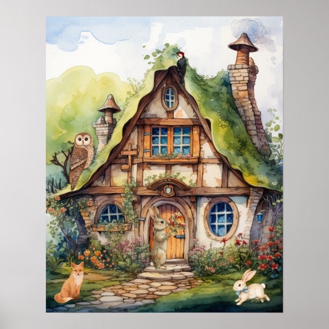 Whimsical Vattenfärg Fantasy Stug Djur Barn Poster (Framsidan)