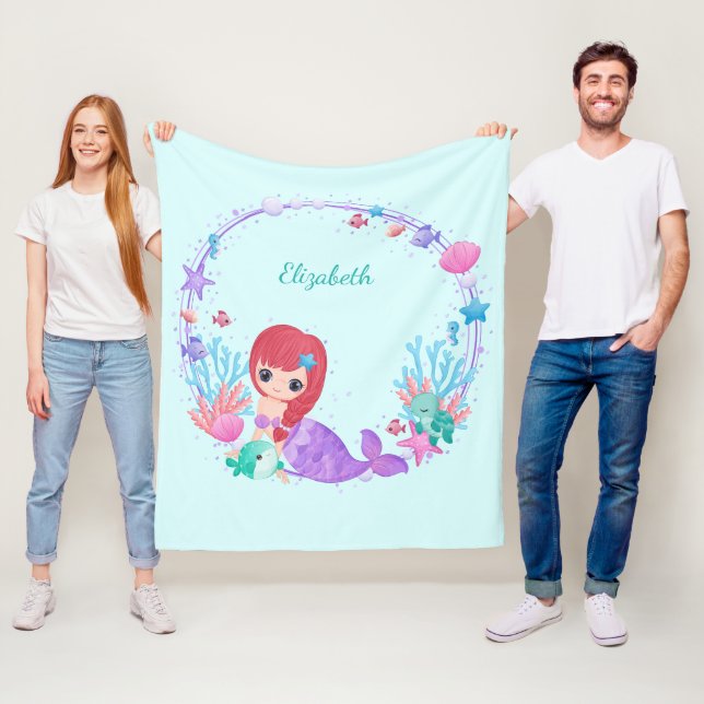 Whimsical Vattenfärg Havsfröken Personlig Fleecefilt (På plats)