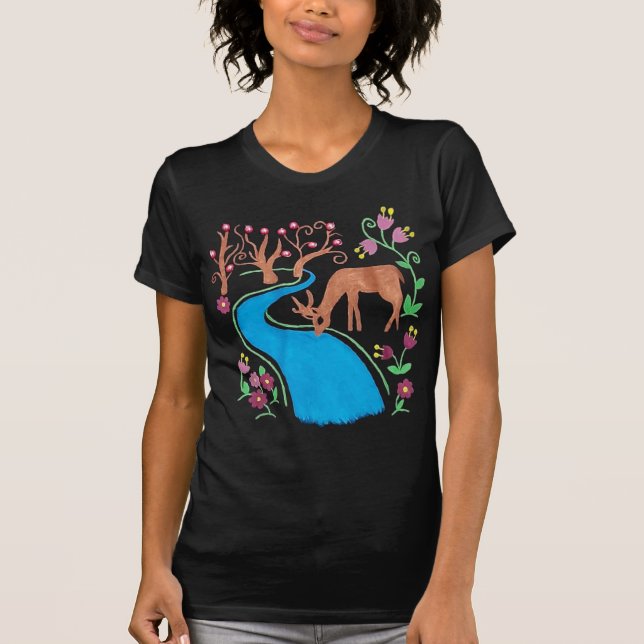 Whimsical Vattenfärg Hjort vid Flod T Shirt (Framsida)