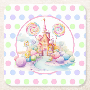 Whimsical Vattenfärg Pastell Candyland Födelsedag Underlägg Papper Kvadrat