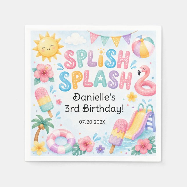 Whimsical Vattenfärg Splish Splash Födelsedag  Pappersservett (Framsidan)
