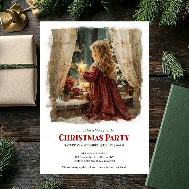 Whimsical Victorian Little Girl Awaiting Santa  Inbjudningar (Whimsical Victorian Little Girl Awaiting Santa Printable Invite)