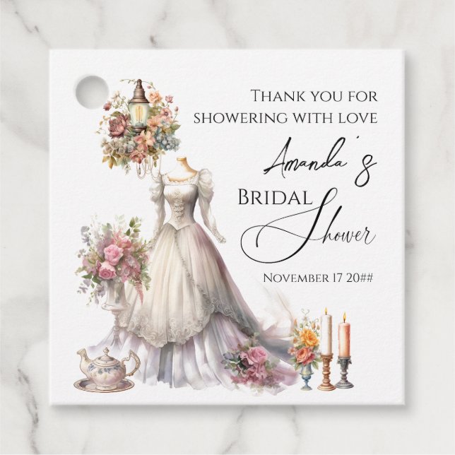 Whimsical Viktoriansk Bröllopsklänning Bröllopsdus Gåvor Etiketter (Framsida)