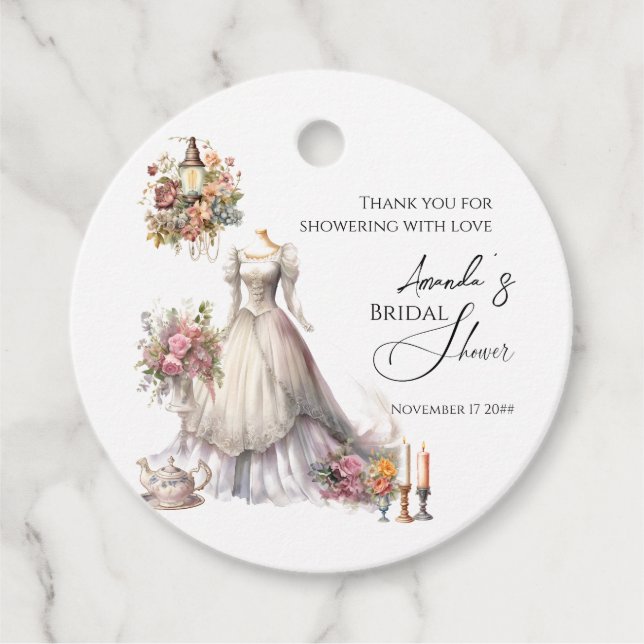 Whimsical viktoriansk bröllopsklänning Bröllopsdus Gåvor Etiketter (Framsida)