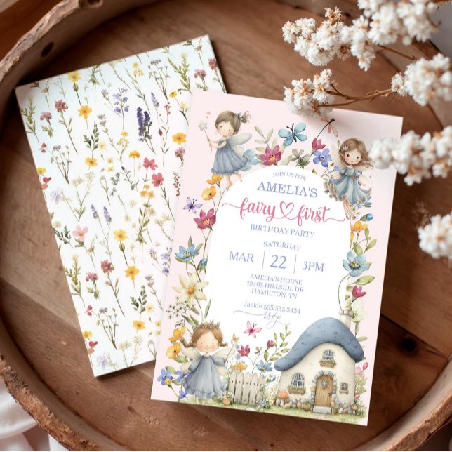 Whimsical Vildblomma Älva Första Födelsedagsfest Inbjudningar (Whimsical Wildflower Fairy First Birthday Party Invitation)