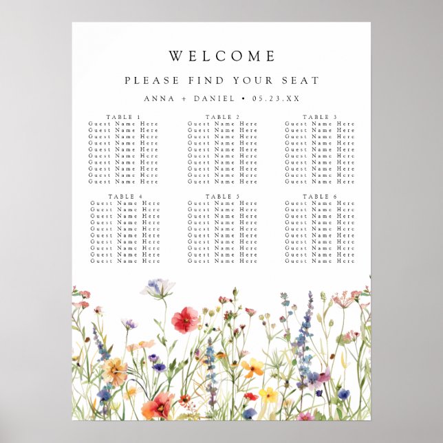 Whimsical Vildblomma Bröllop Placeringsplan Poster (Framsidan)