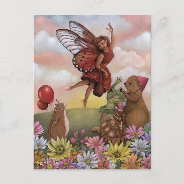 Whimsical Vildblomma Fe Fairy Avskeds Djur Vänner Vykort (Framsida)