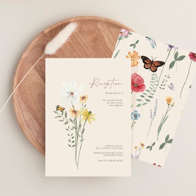 Whimsical Vildblomma Fjäril Bröllopsmottagning Tilläggskort (Whimsical Yellow Wildflowers Wedding Reception Enclosure Card)