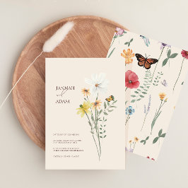 Whimsical Vildblomma Fjäril Modern Bröllop Inbjudningar