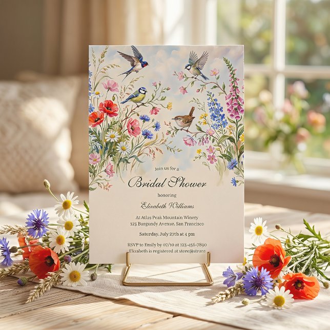 Whimsical Vildblomma Sångfågel Trädgård Bröllopsdu Inbjudningar (Watercolor Whimsical Wildflower Meadow Songbird Garden Bridal Shower Invitation)