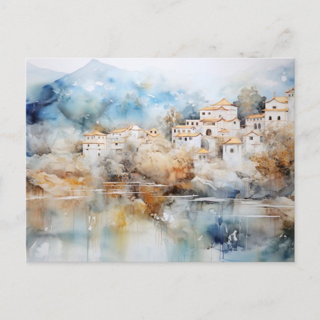 Whimsical Village Watercolor Postkort  Vykort (Framsida)