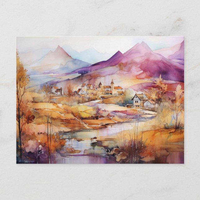 Whimsical Village Watercolor Postkort  Vykort (Framsida)