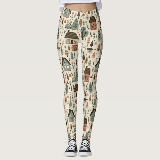 Whimsical Village with Cottages and Trees Leggings (Framsida)