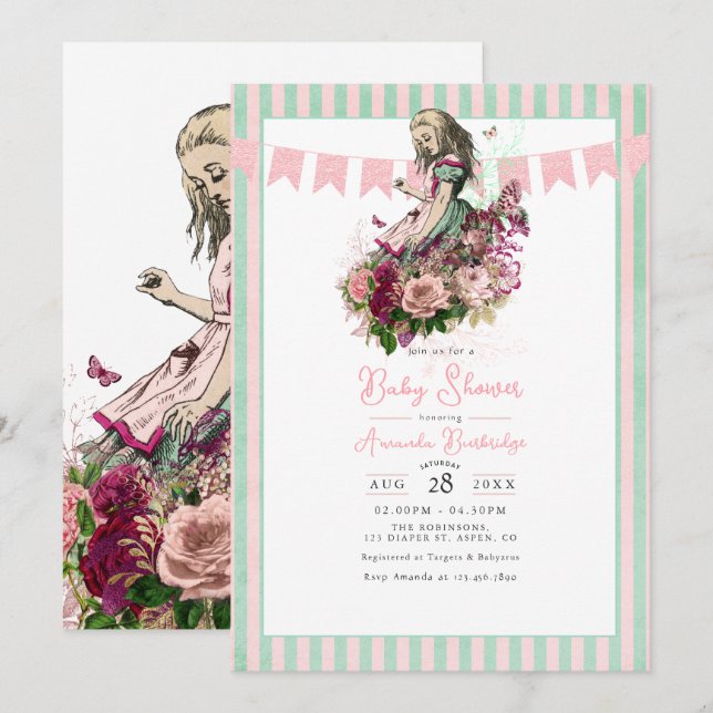 Whimsical Vintage Alice i Underlandet Bebis Shower Inbjudningar (Fram/baksida)