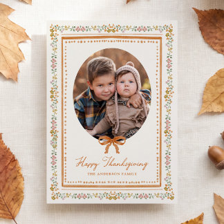 Whimsical Vintage Blommig Kräm Thanksgiving Foto Julkort