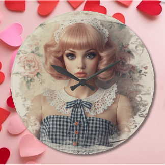 Whimsical Vintage Dollcore Girl Stor Klocka