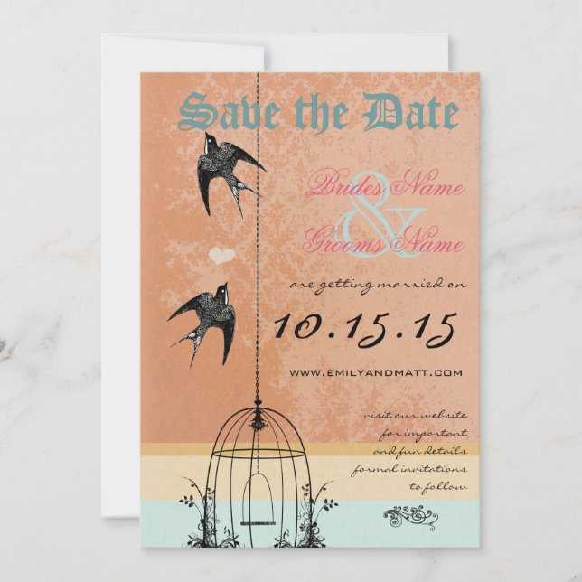 Whimsical Vintage Fågelbur Bröllop Save the Date Inbjudningar (Framsida)